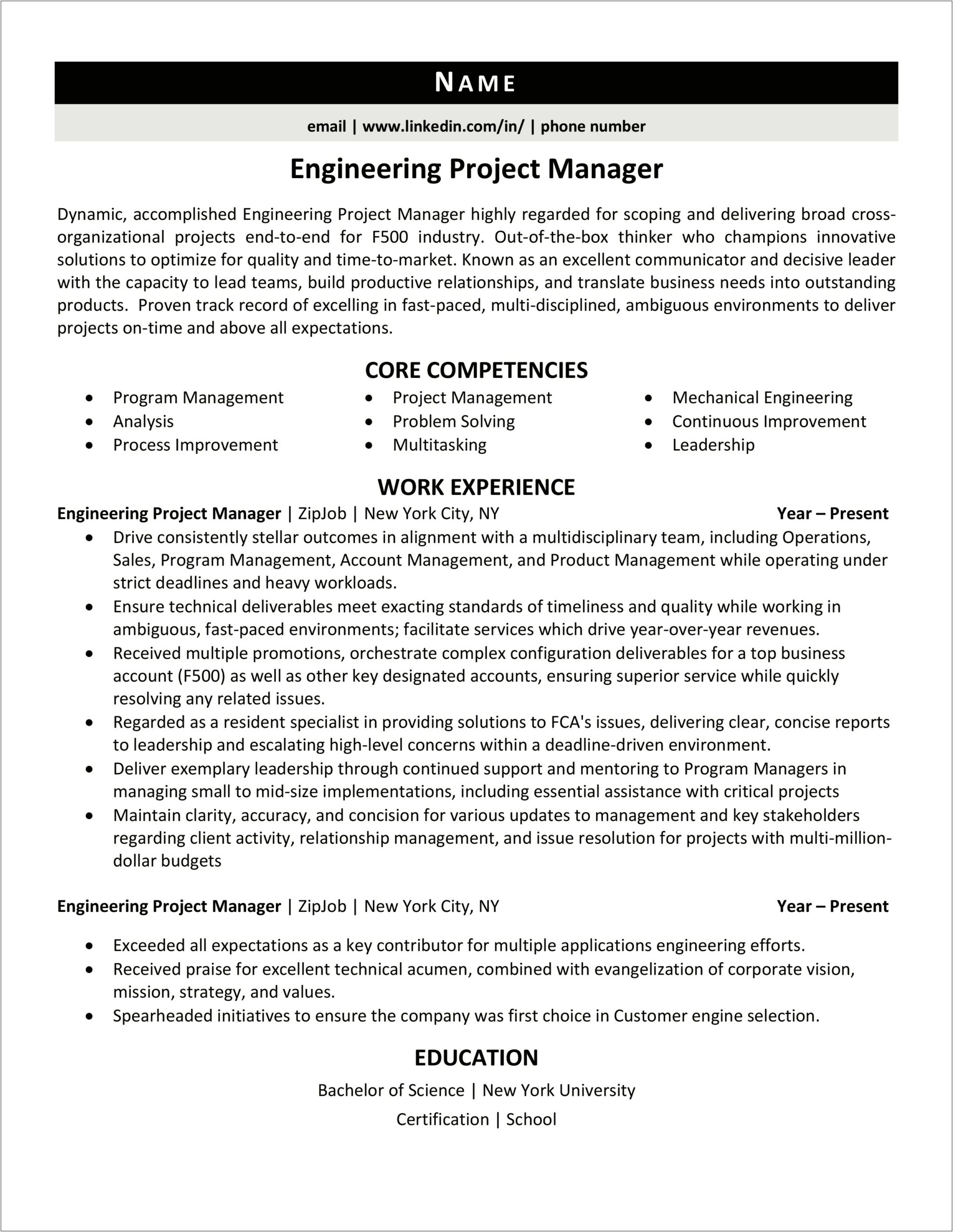 Engineering Program Manager Resume Sample