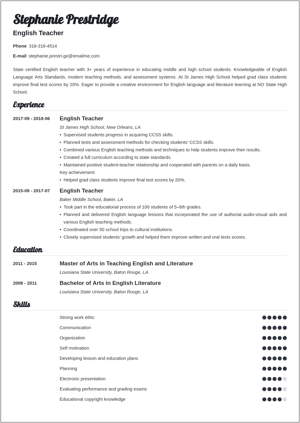 English Teacher Job Description Resume