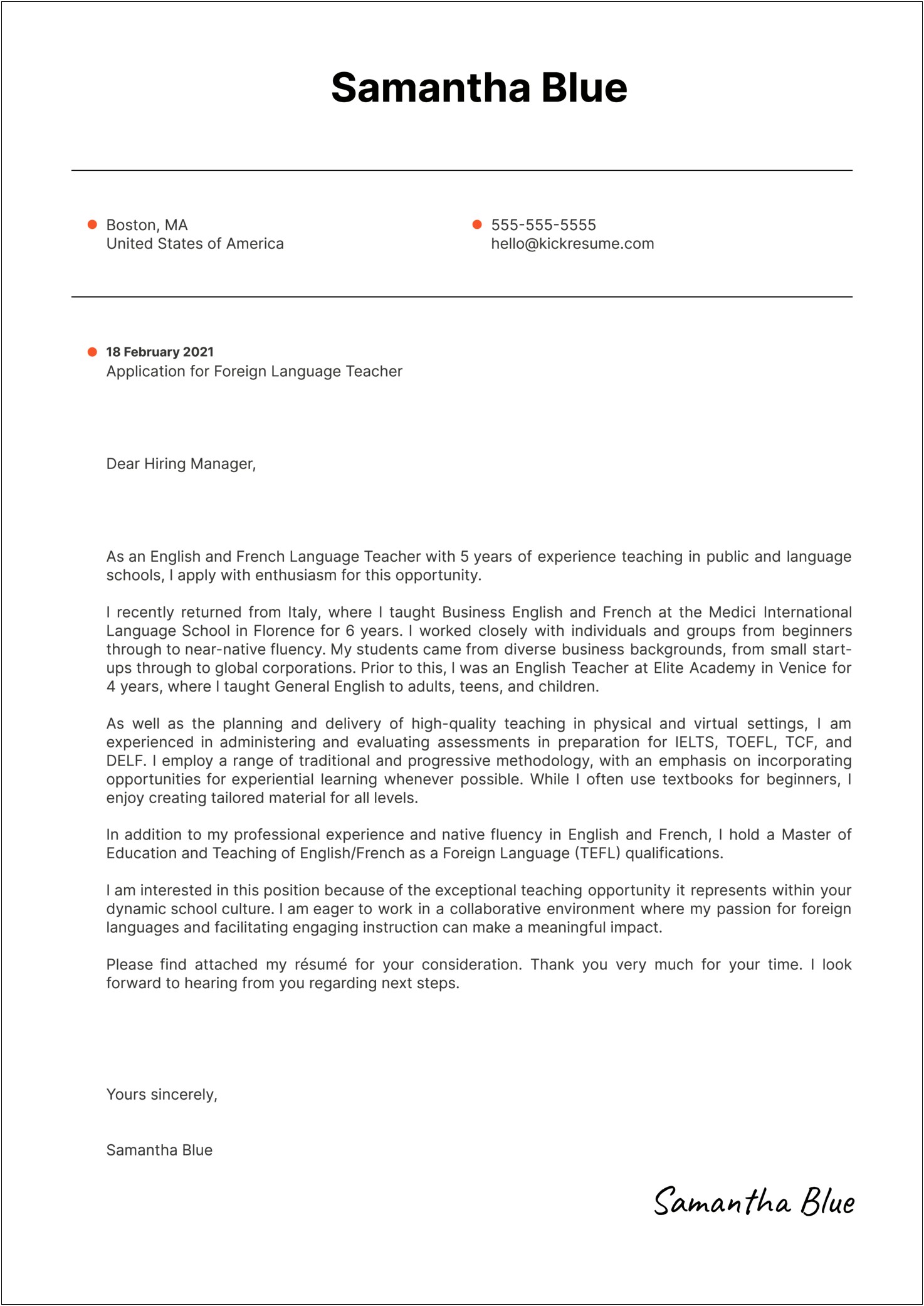 English Teacher Resume Cover Letter Sample