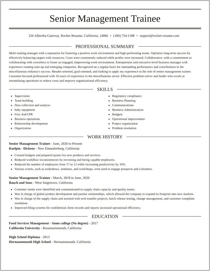 Enterprise Management Trainee Resume Description