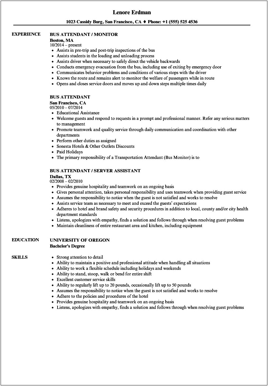 Entry Bus Attendant Resume Objective