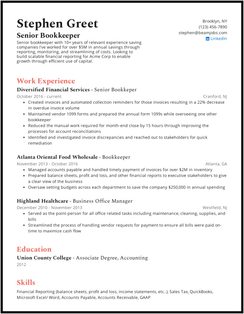 Entry Level Accounting Bookkeeping Resume Sample
