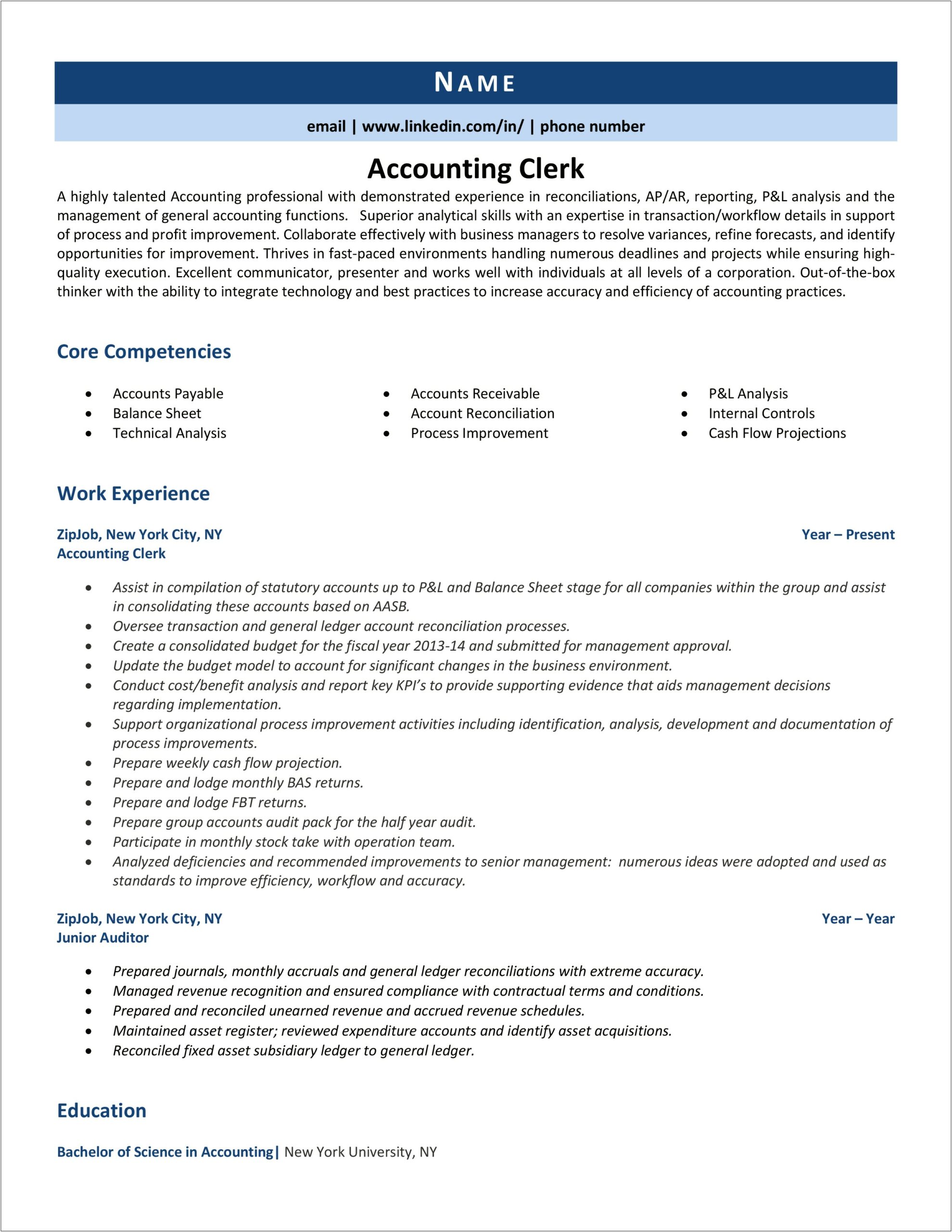Entry Level Accounting Clerk Resume Examples
