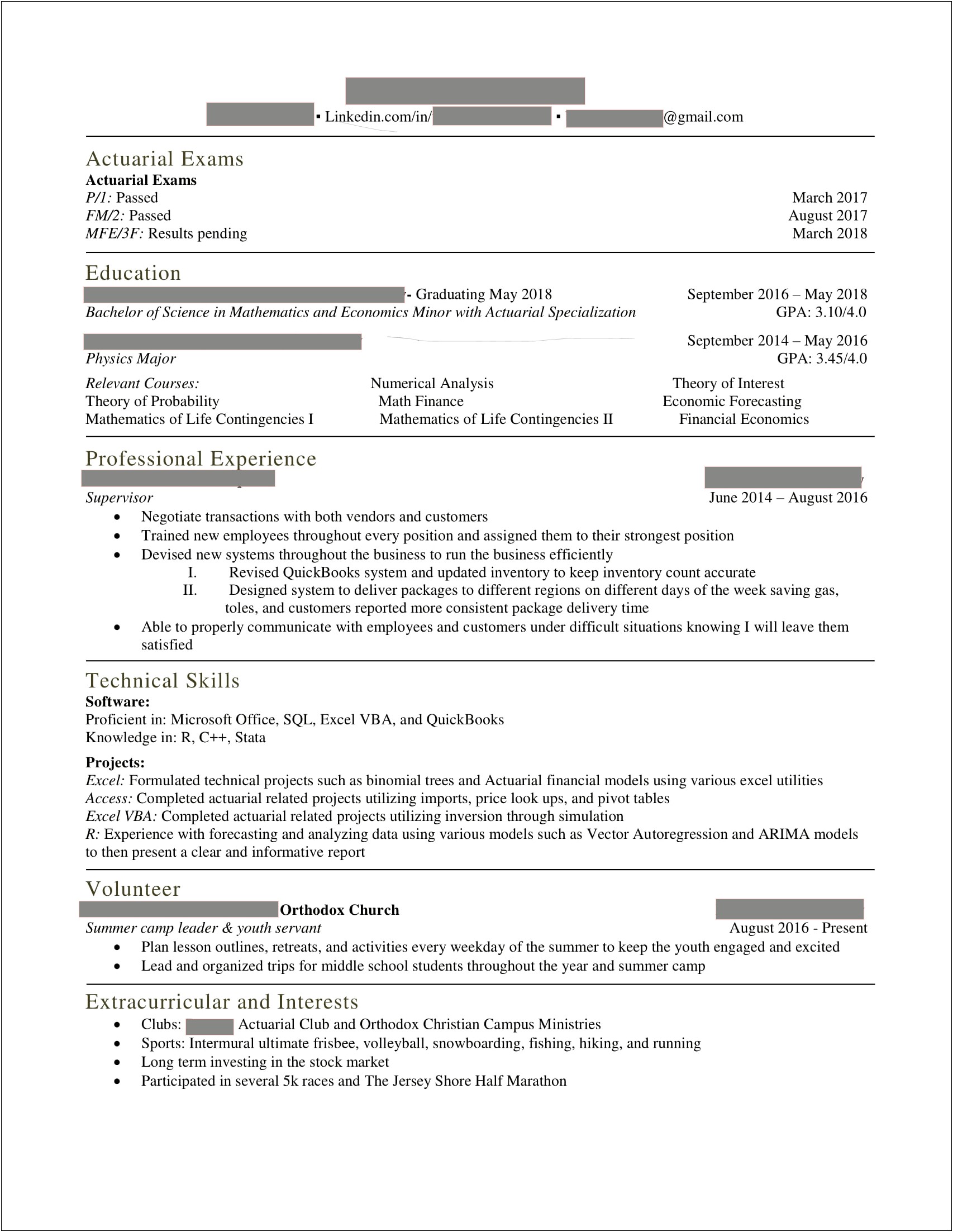Entry Level Actuary Resume Sample