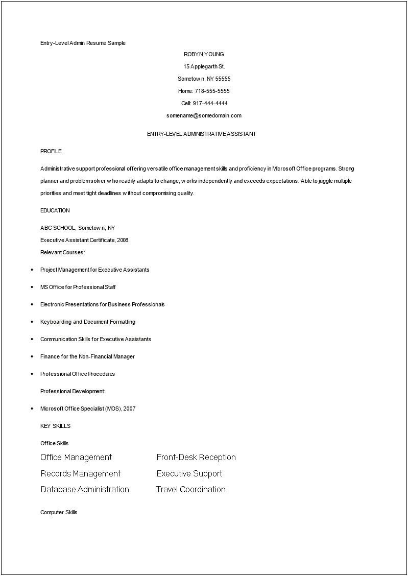Entry Level Administrative Assistant Resume Objective Examples
