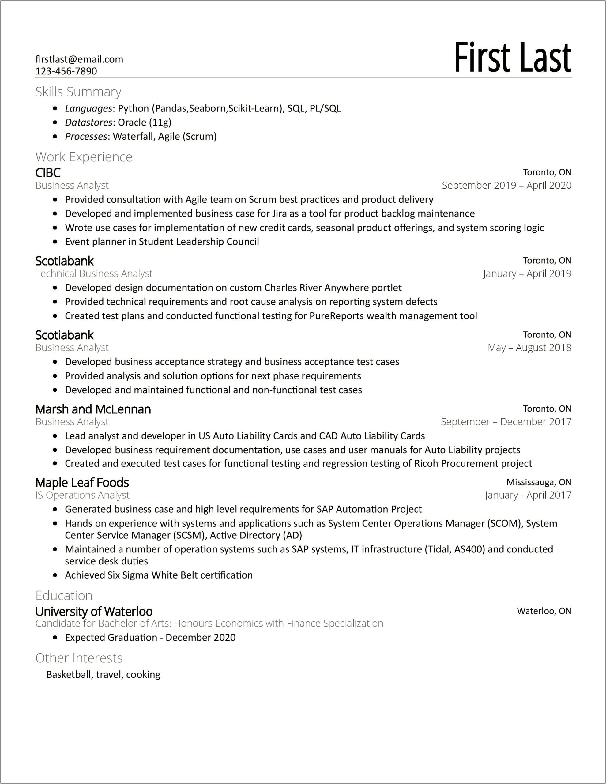 Entry Level Business Analyst Resume With No Experience