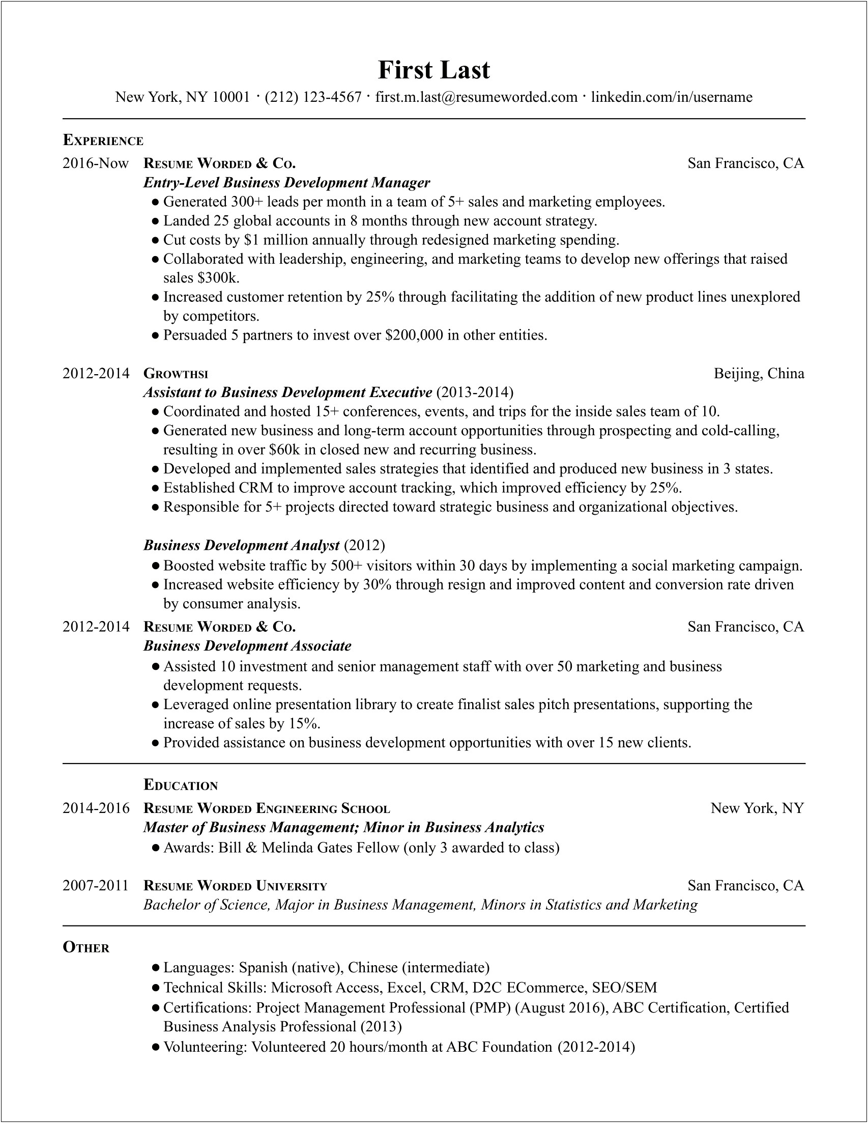 Entry Level Business Management Resume Examples