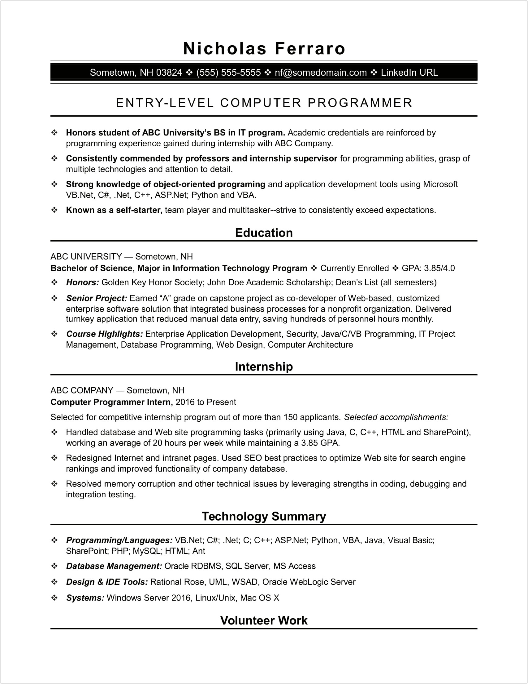 Entry Level C Developer Resume Sample
