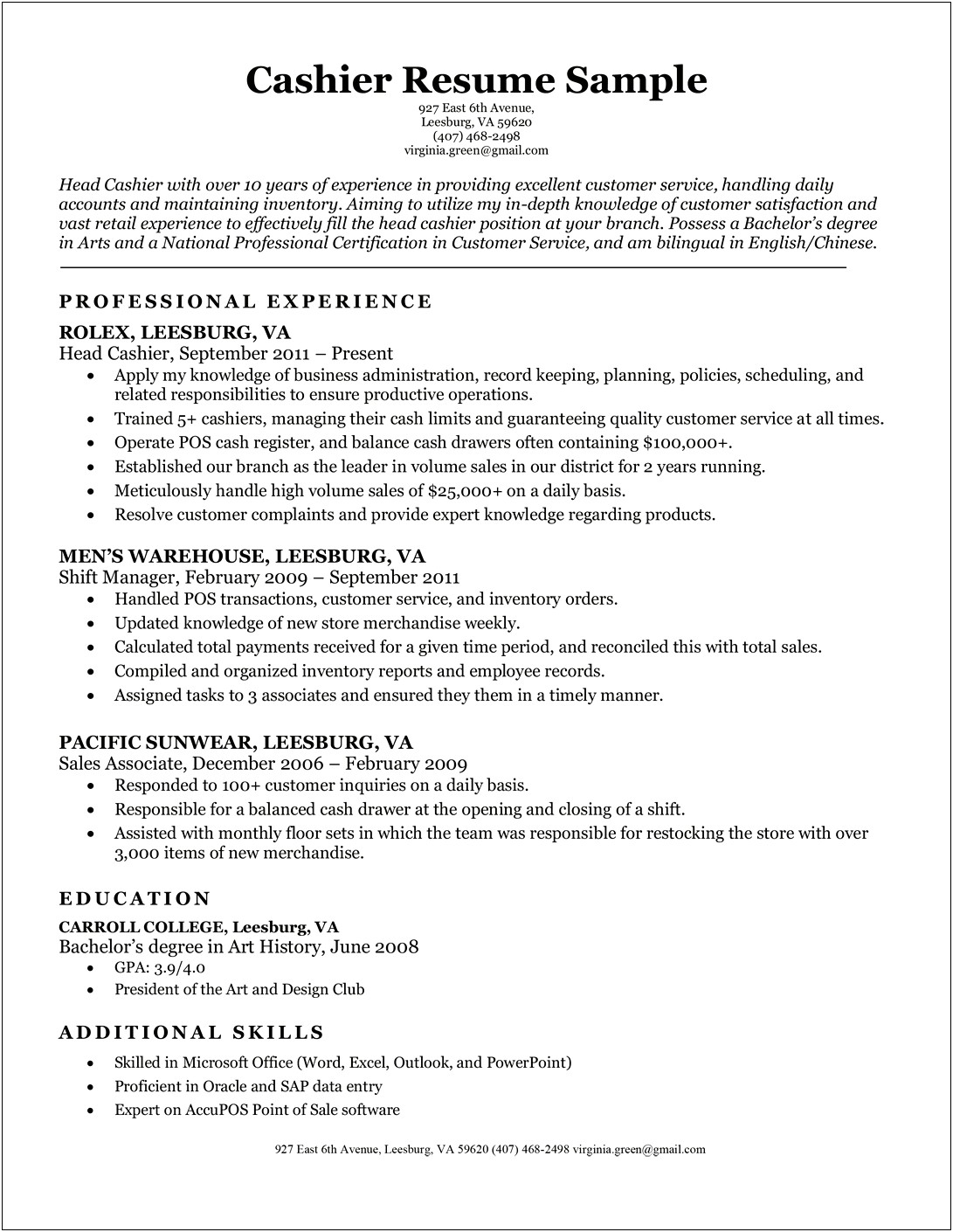 Entry Level Cashier Resume Examples