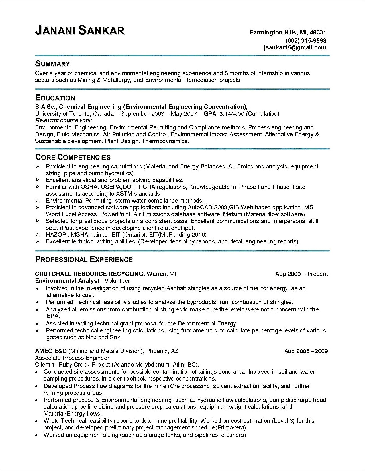 Entry Level Chemical Engineer Objective Resume