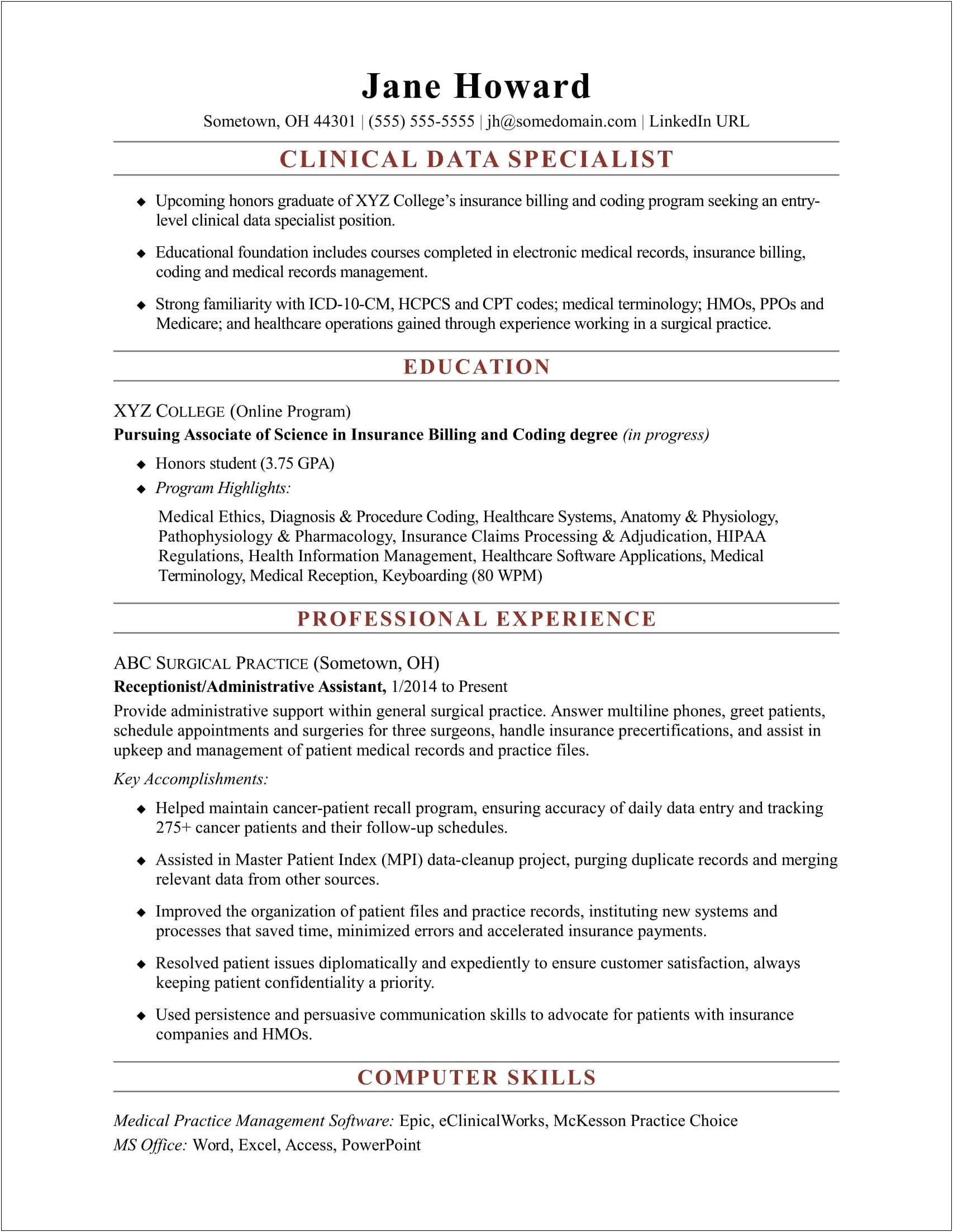 Entry Level Clinical Data Management Resume