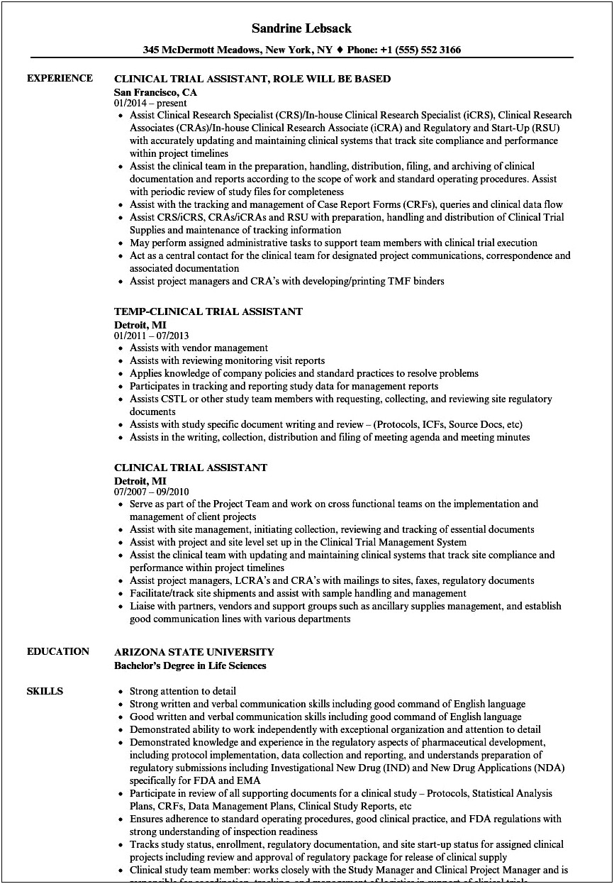 Entry Level Clinical Research Associate Resume Sample