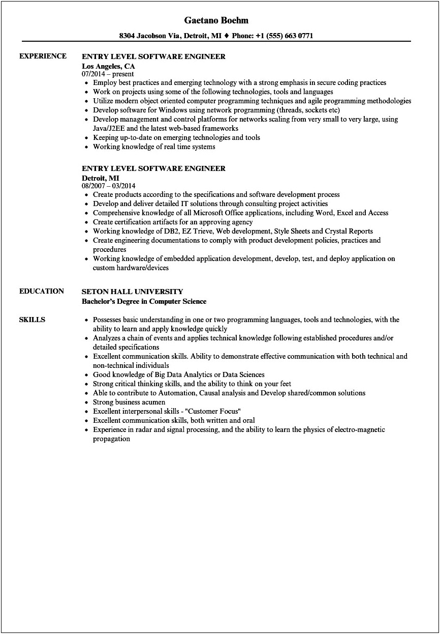 Entry Level Computer Engineer Example Resume
