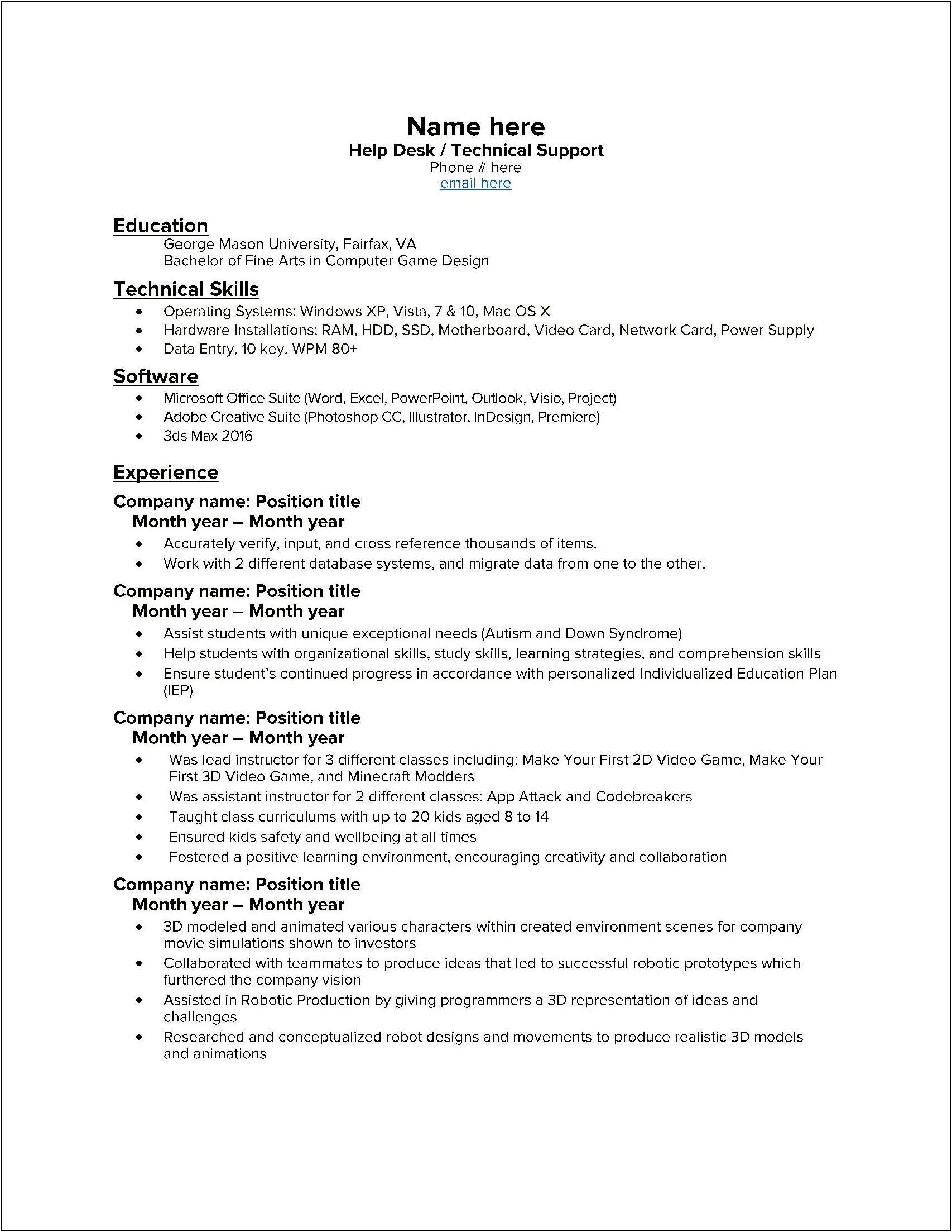 Entry Level Computer Support Resume Objective