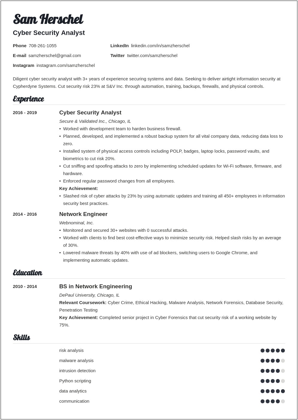 Entry Level Cyber Security Resume Example