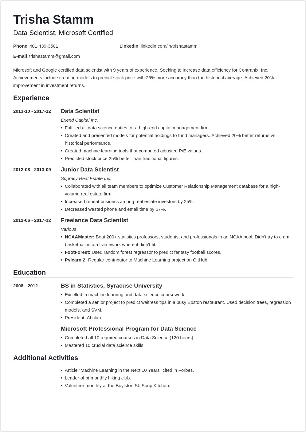 Entry Level Data Scientist Resume Example