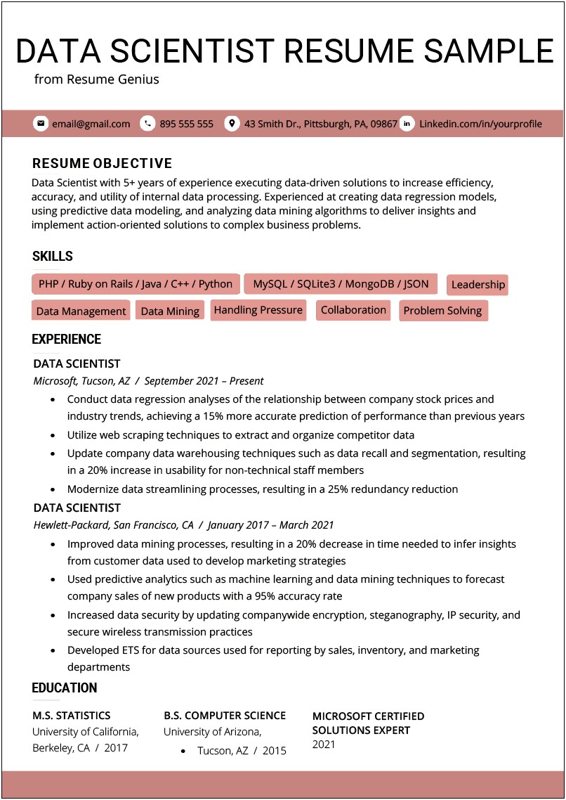 Entry Level Data Scientist Resume With No Experience