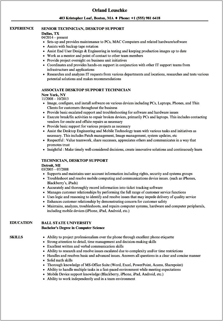 Entry Level Desktop Support Resume Examples
