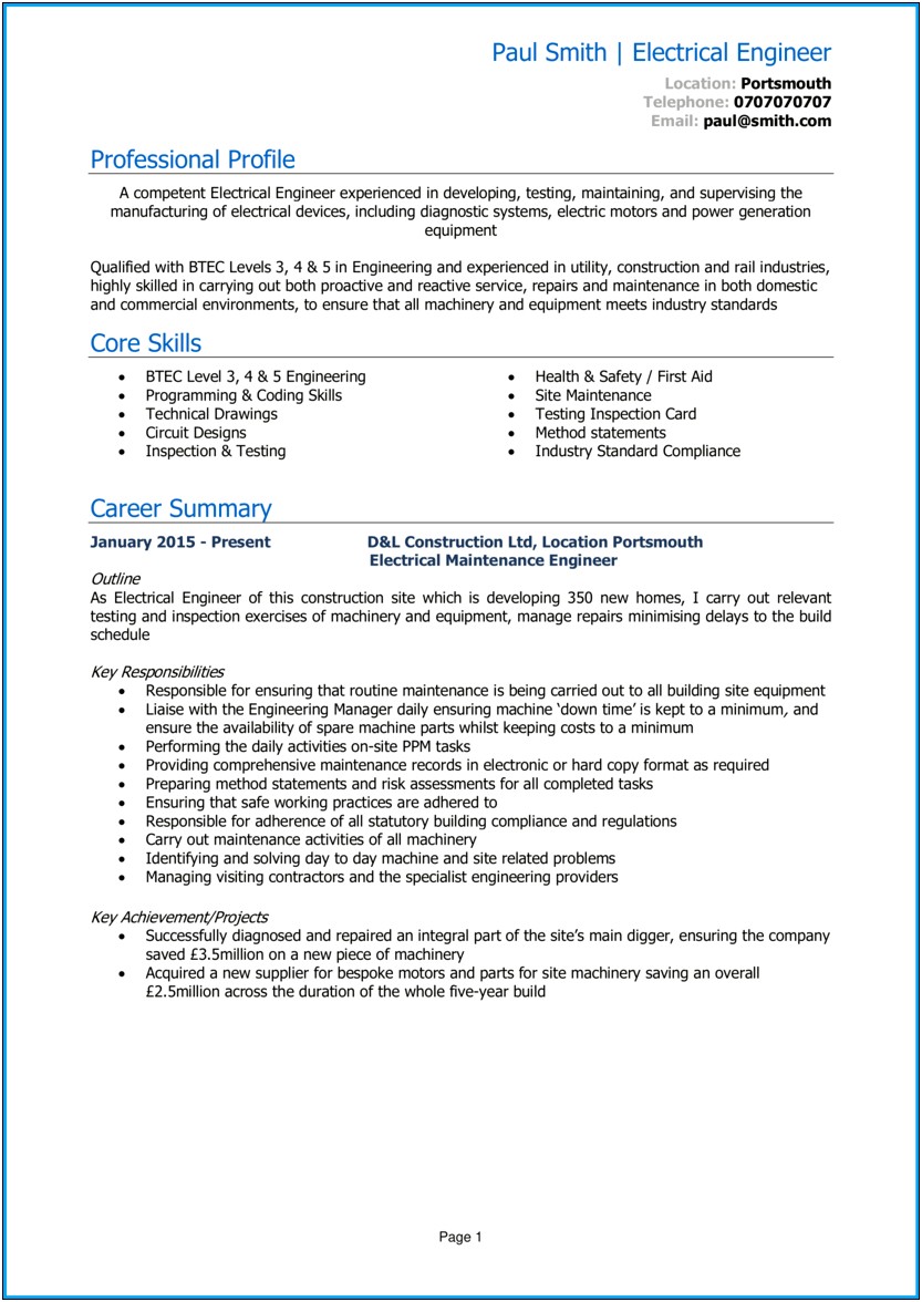 Entry Level Electrical Engineer Example Resume