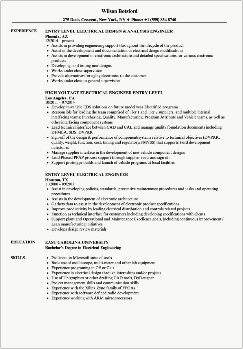 Entry Level Electrical Resume Samples