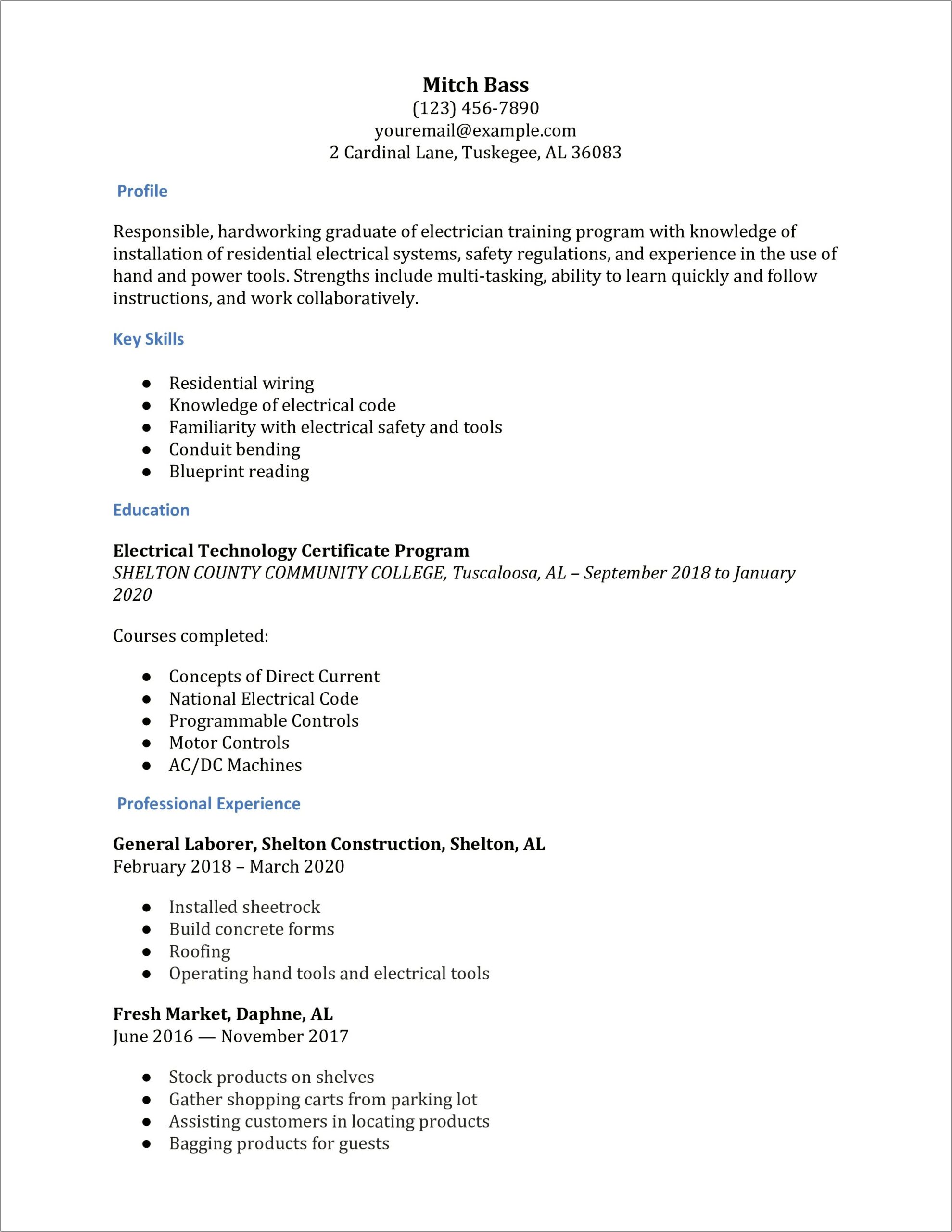 Entry Level Electrician Resume Examples