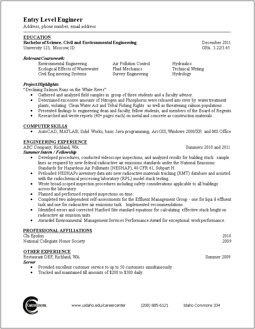 Entry Level Engineer With Two Years Experience Resume