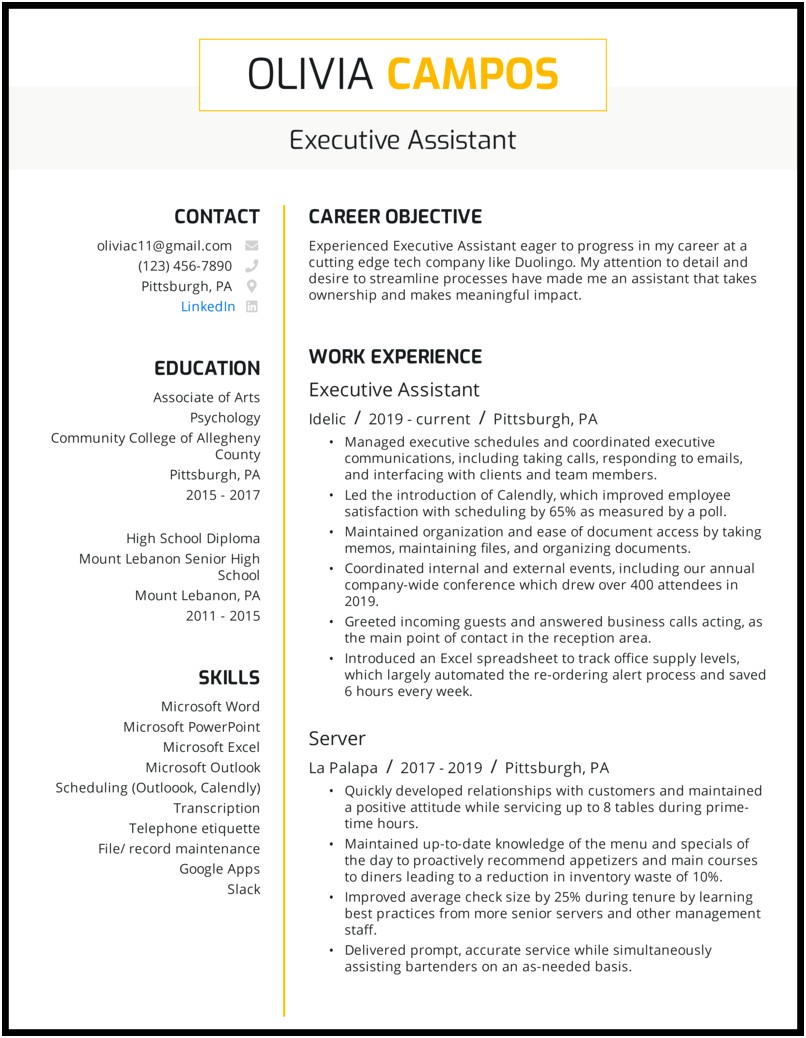 Entry Level Executive Assistant Resume Summary