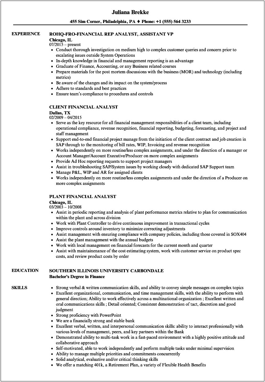 Entry Level Financial Analyst Resume Objective Examples
