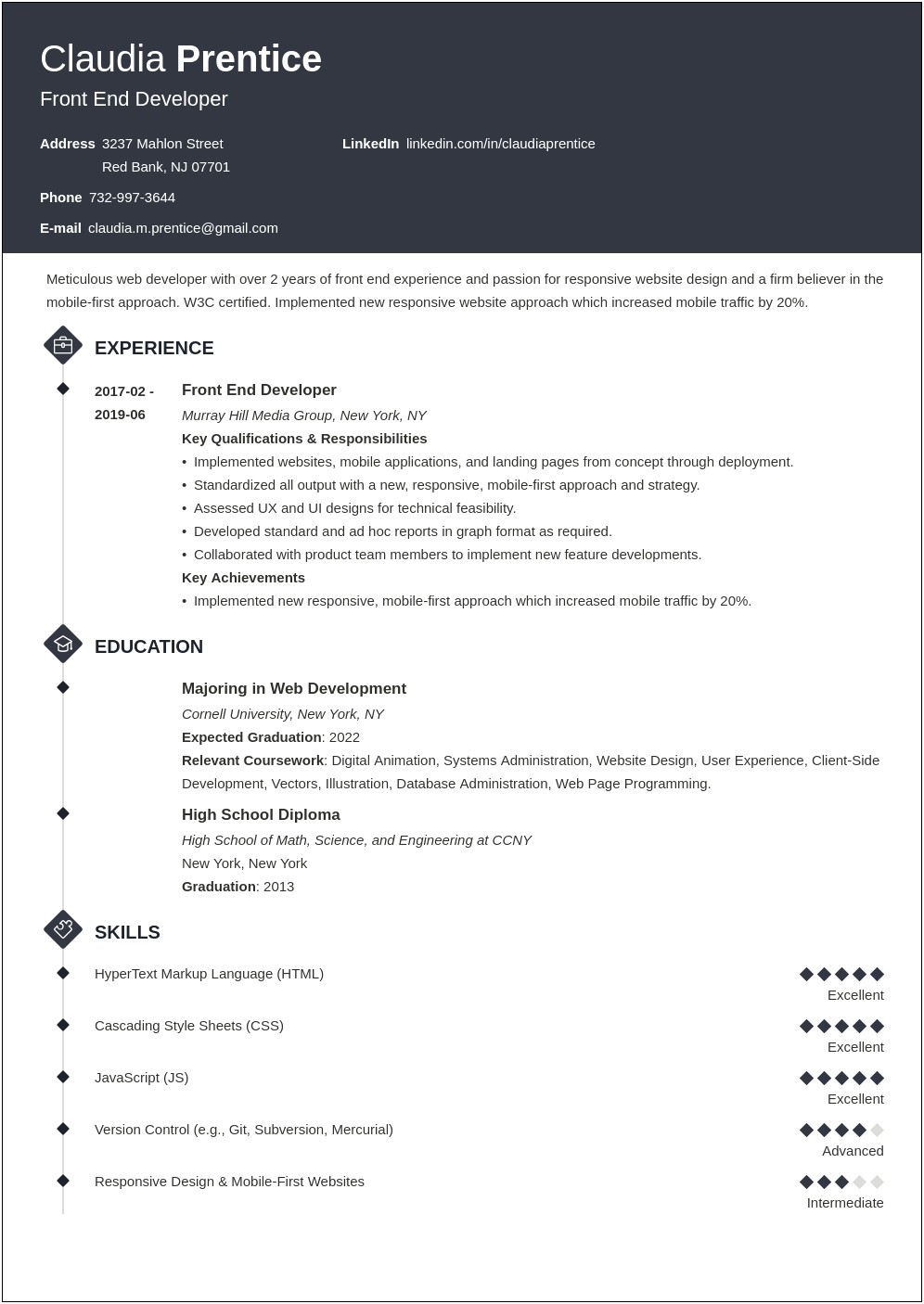 Entry Level Front End Developer Resume No Experience