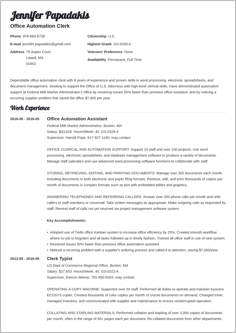 Entry Level Government Resume Sample