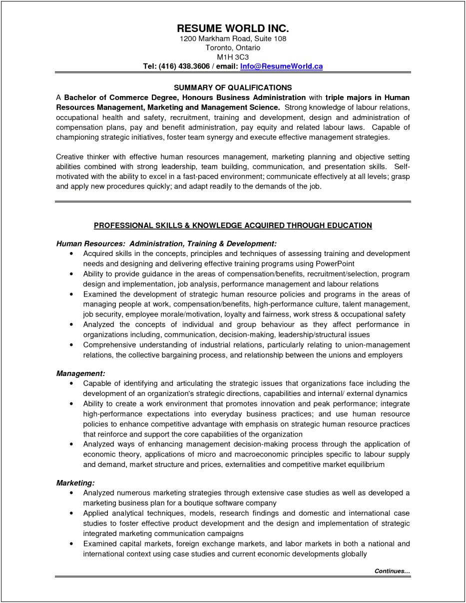 Entry Level Human Resources Career Summary For Resume