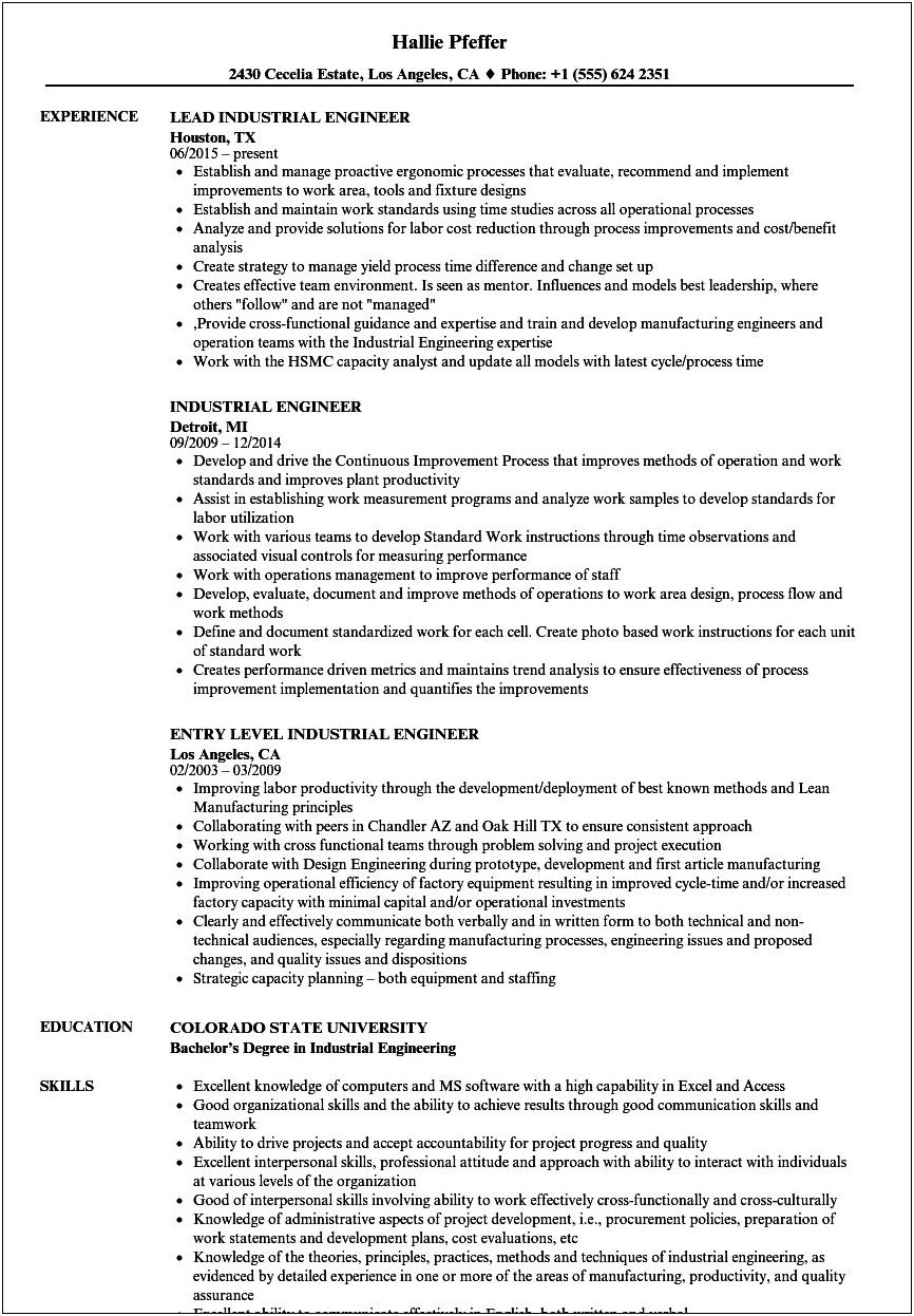 Entry Level Industrial Engineer Resume Objectives