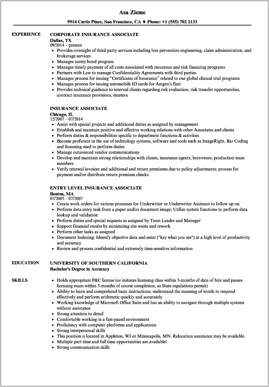 Entry Level Insurance Resume No Experience