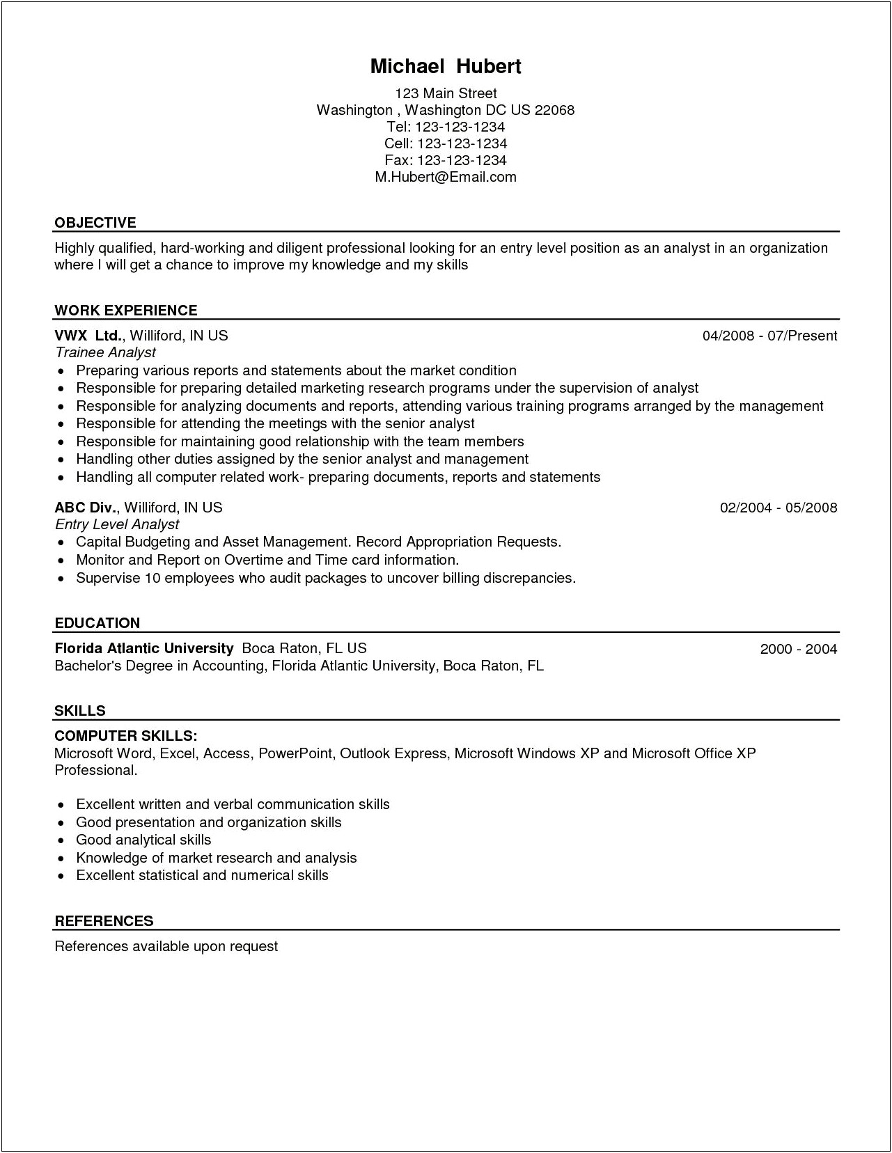 Entry Level Investment Analyst Resume Objective
