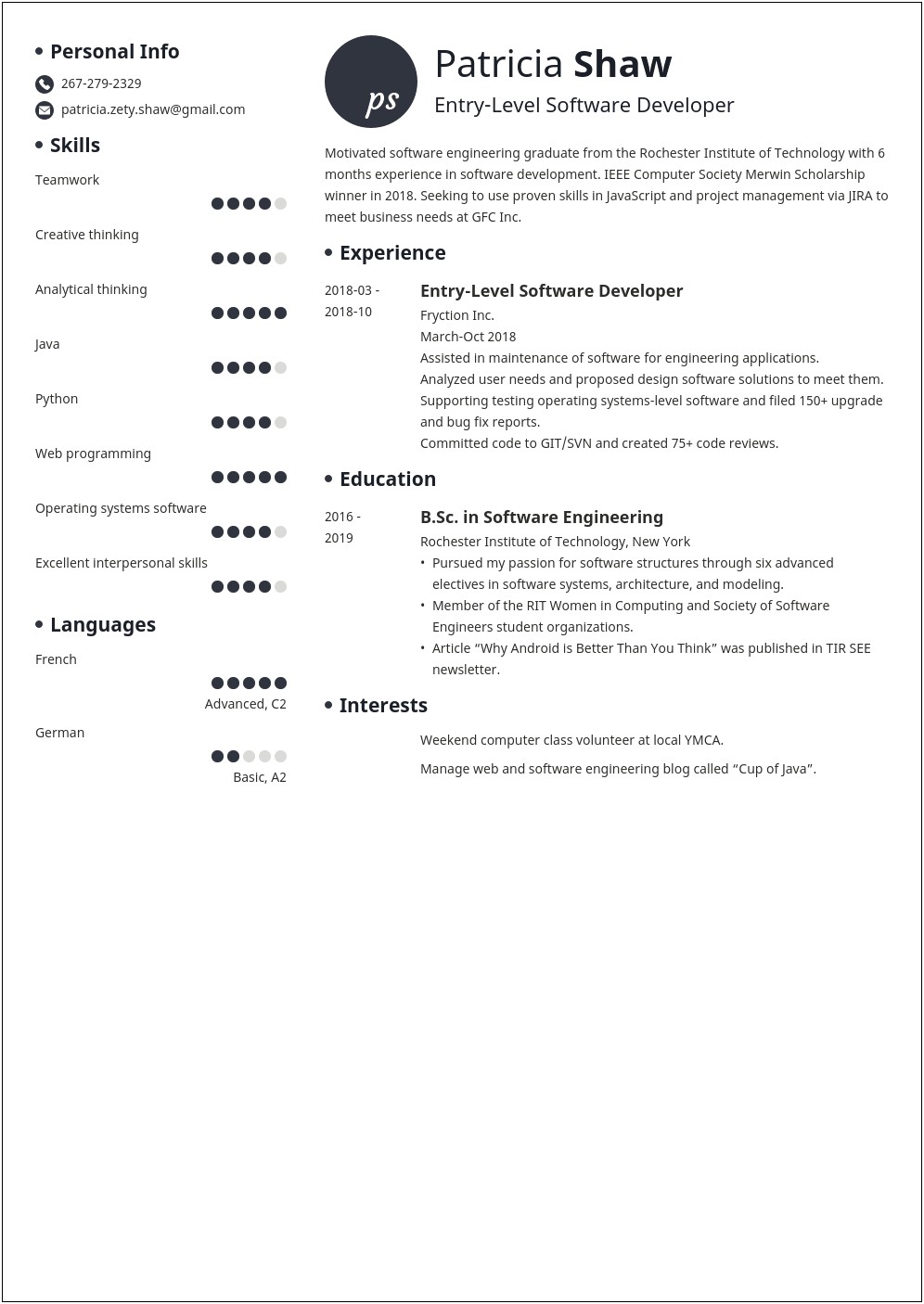 Entry Level Java Developer Sample Resume