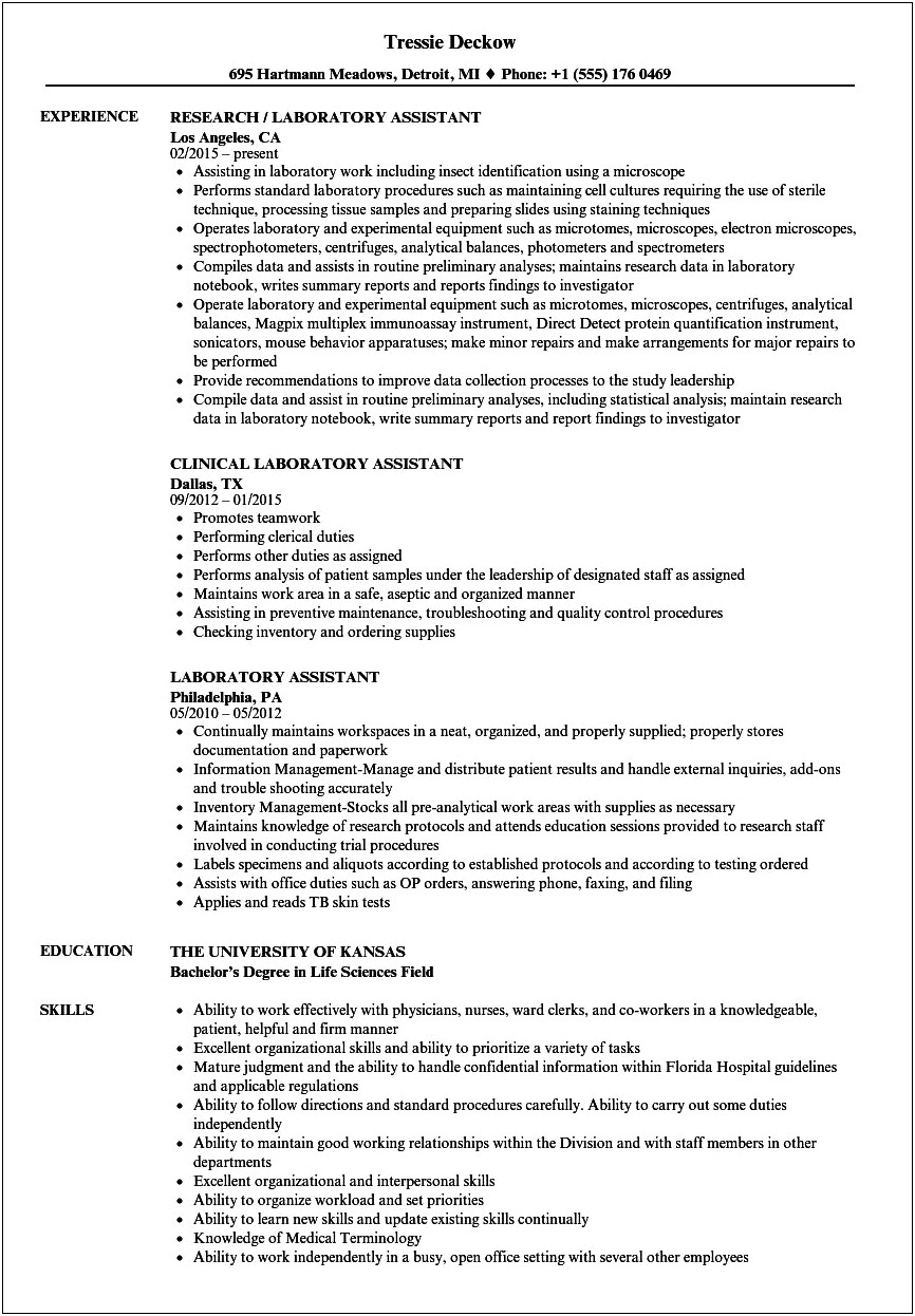Entry Level Lab Assistant Resume No Experience