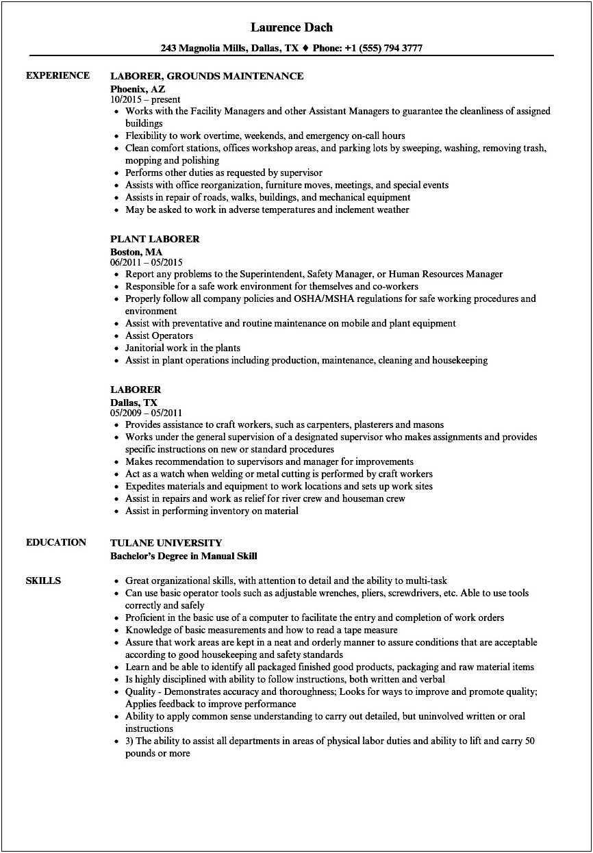 Entry Level Labor Resume Objective