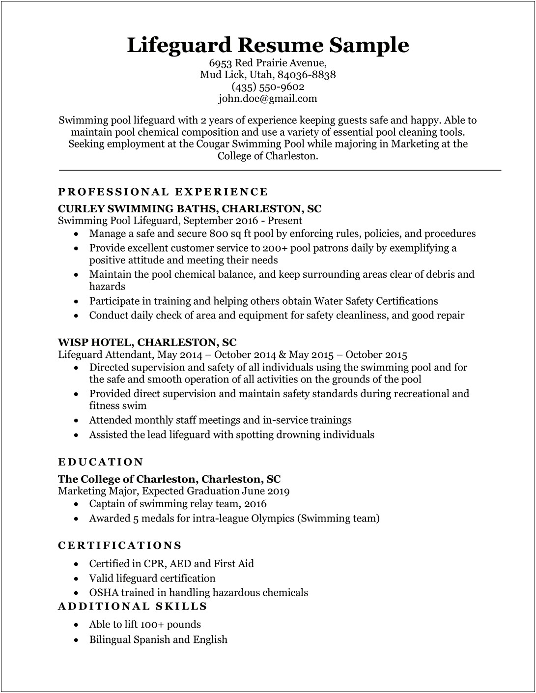 Entry Level Lifeguard Resume Example Email