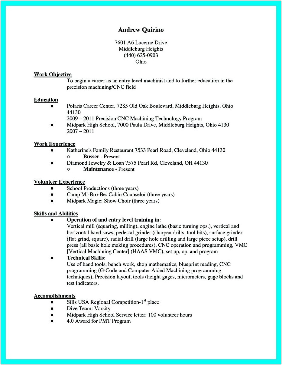 Entry Level Machinist Resume Examples