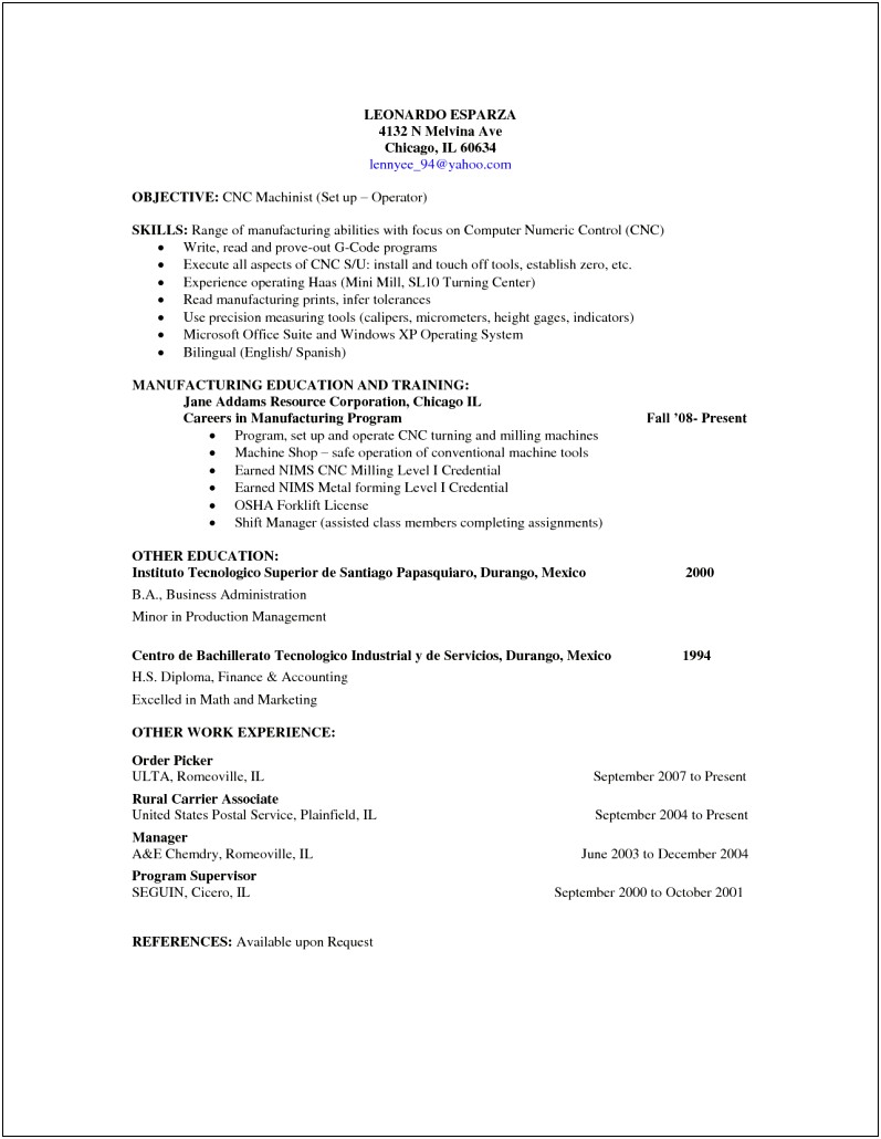 Entry Level Machinist Resume Objective