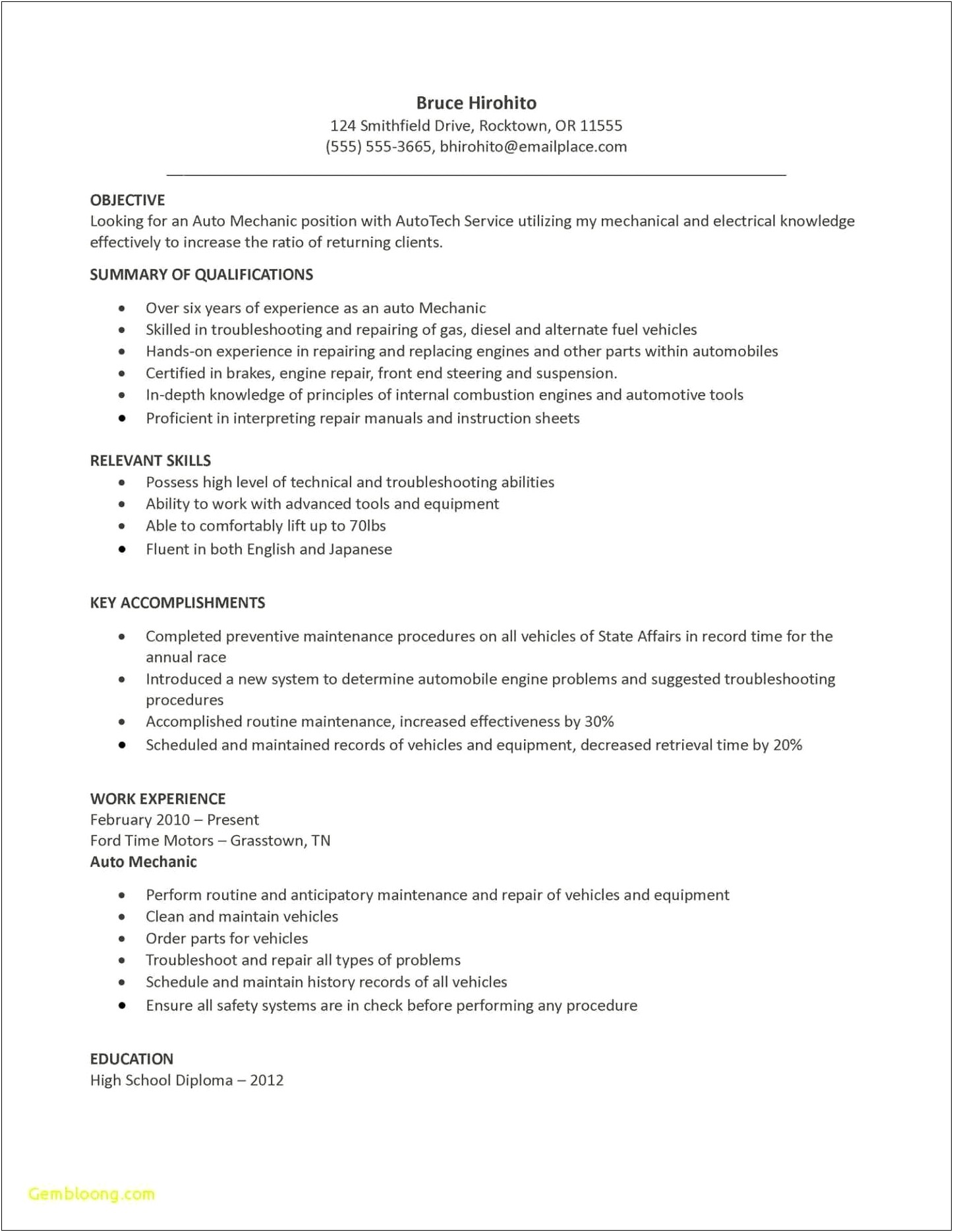 Entry Level Maintenance Summary On Resume
