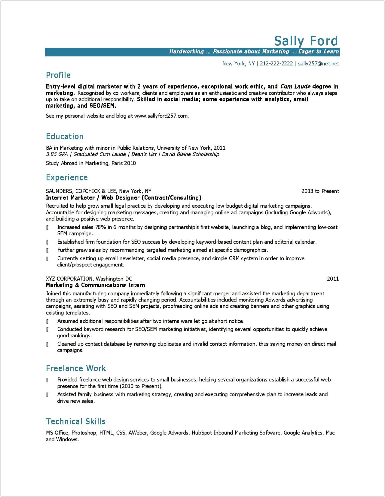 Entry Level Marketing Coordinator Resume Summary
