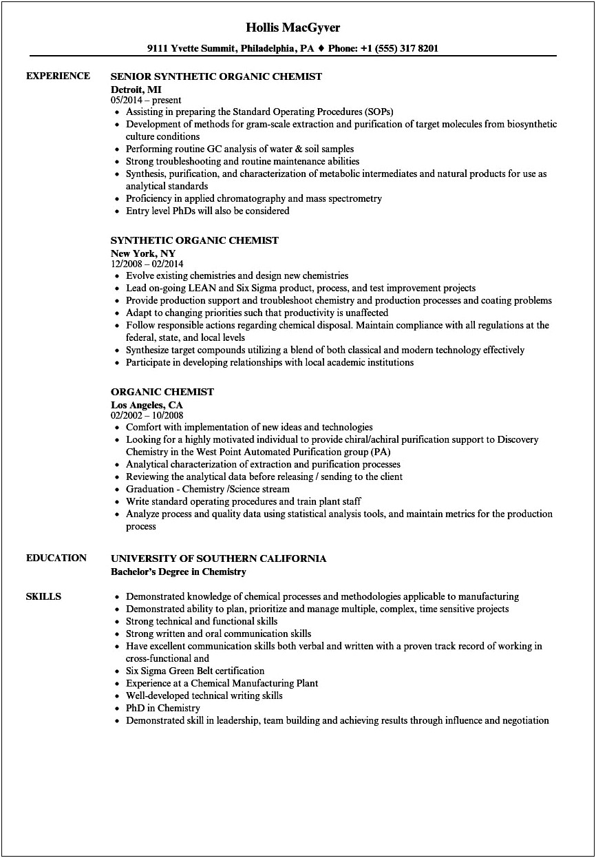 Entry Level Masters In Chemistry Resume Sample