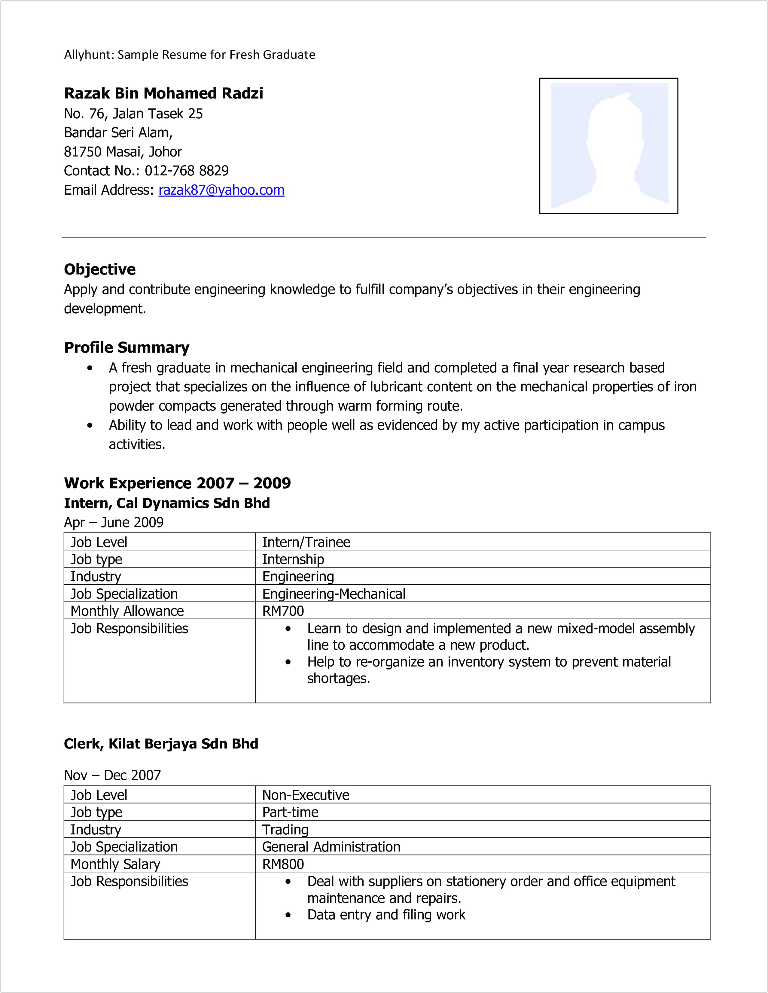 Entry Level Mechanical Engineer Objective Resume