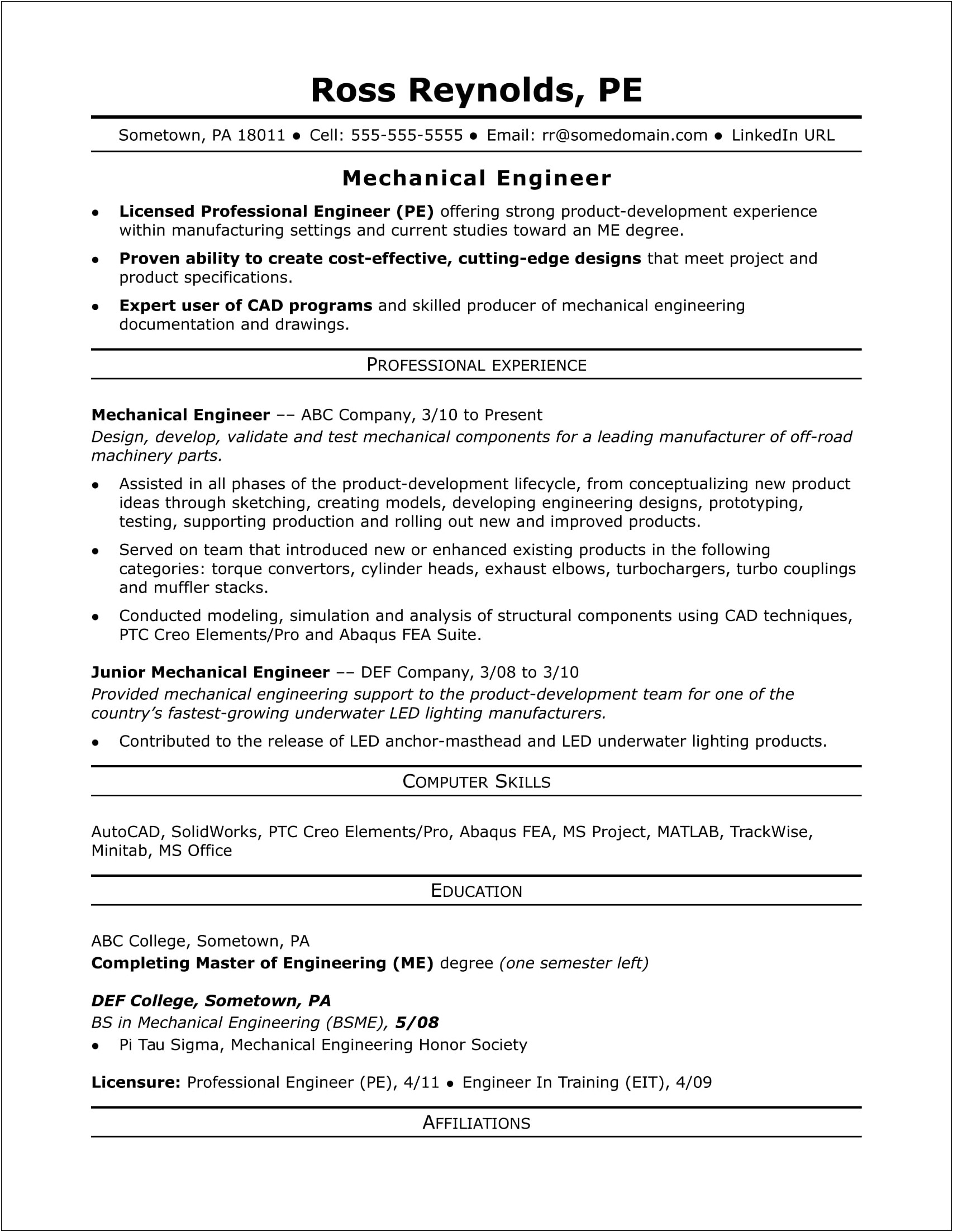 Entry Level Mechanical Engineer Resume Examples