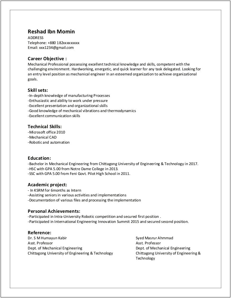 Entry Level Mechanical Engineer Resume Template