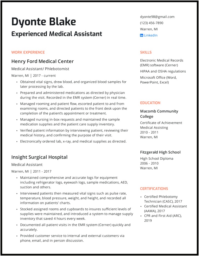 Entry Level Medical Assistant Job Resume