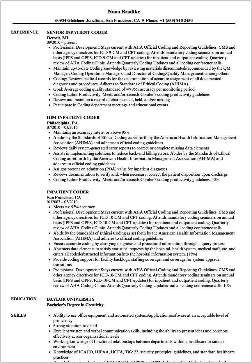 Entry Level Medical Coding Resume Examples