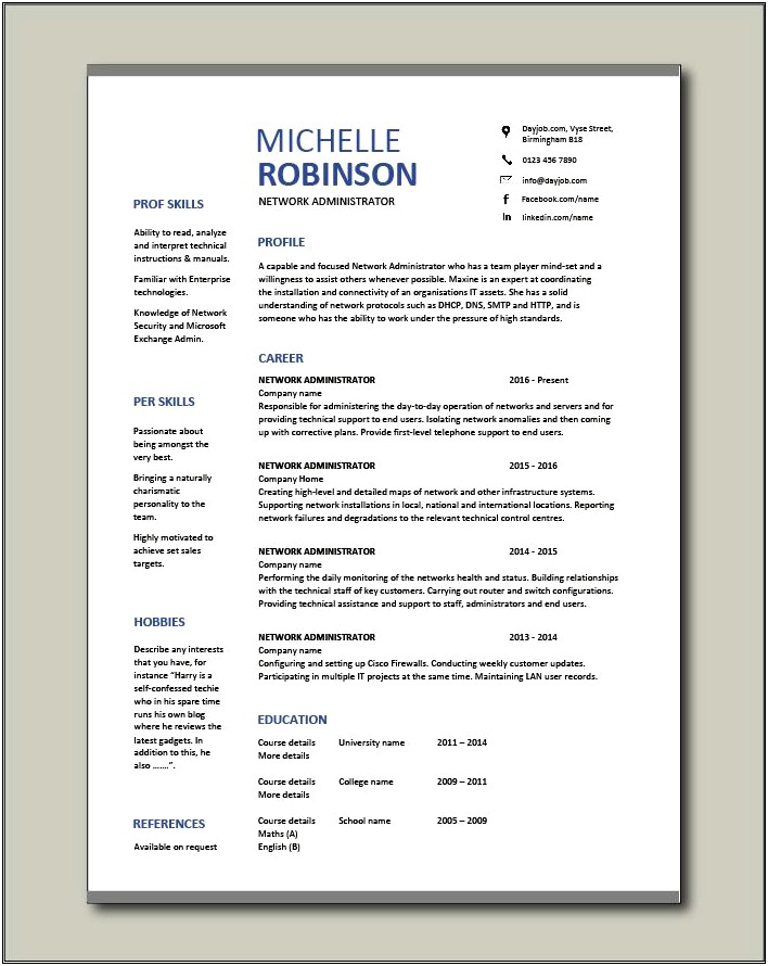 Entry Level Network Administrator Resume Templates