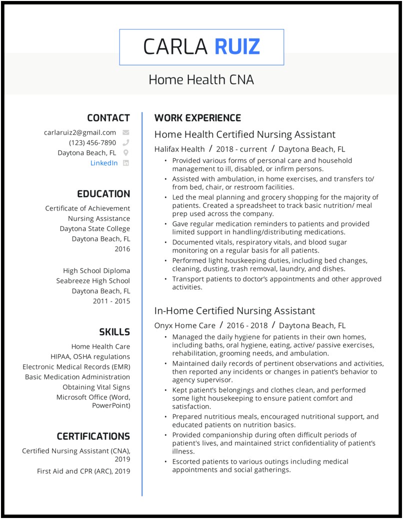 Entry Level Nursing Assistant Resume Sample